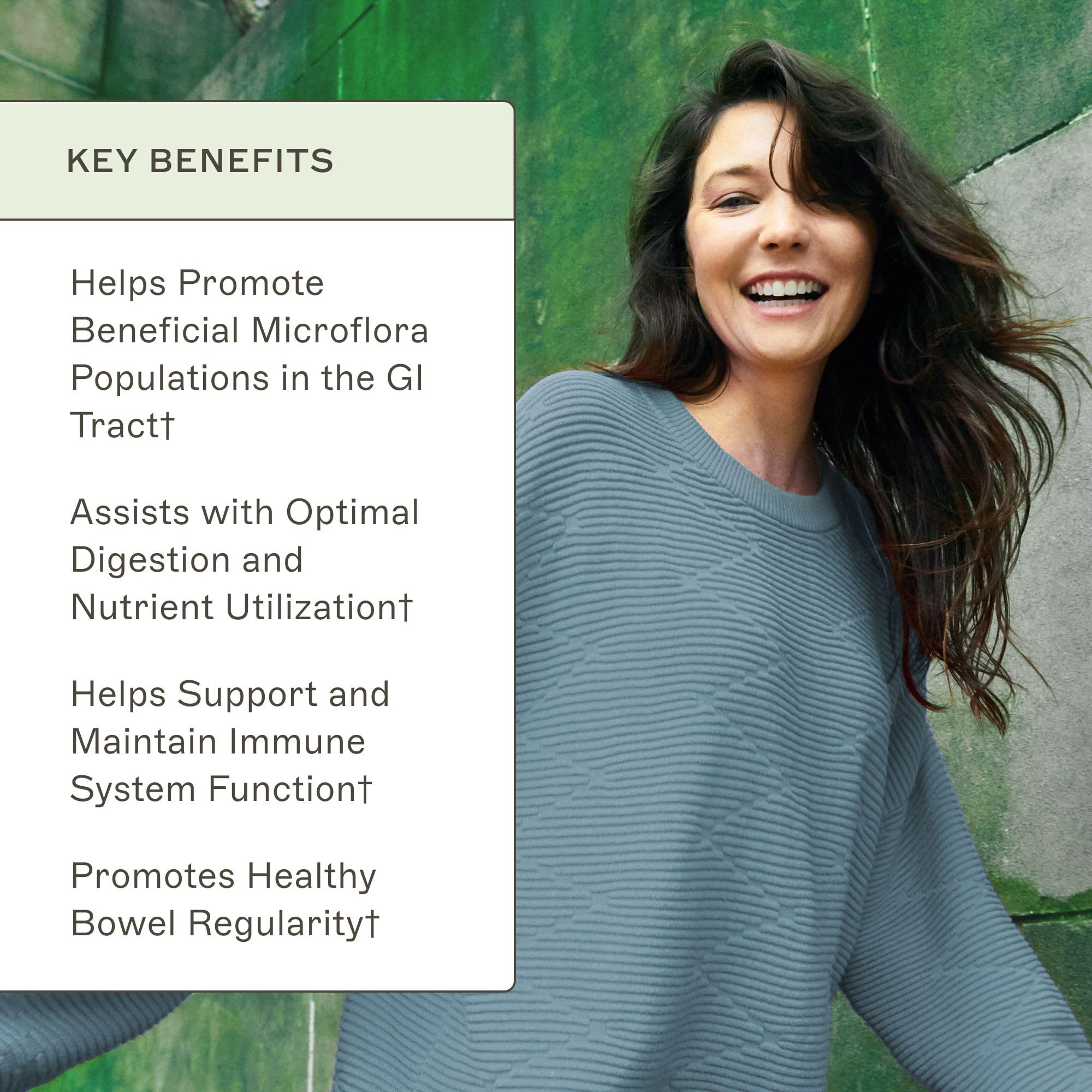 Amy Myers MD Probiotics 30B icons showing dairy-free and gluten-free benefits.