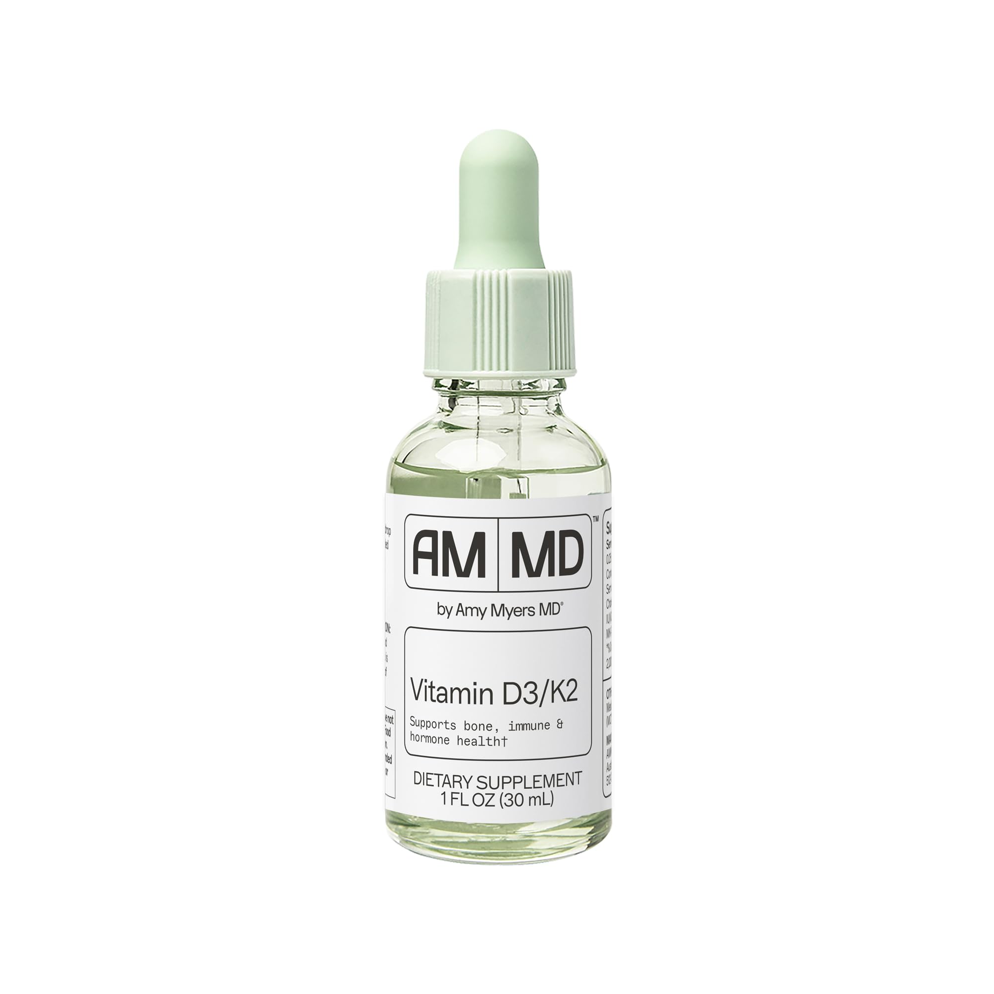 Amy Myers MD Vitamin D3/K2 Liquid bottle pour showing easy daily dosing for bone support