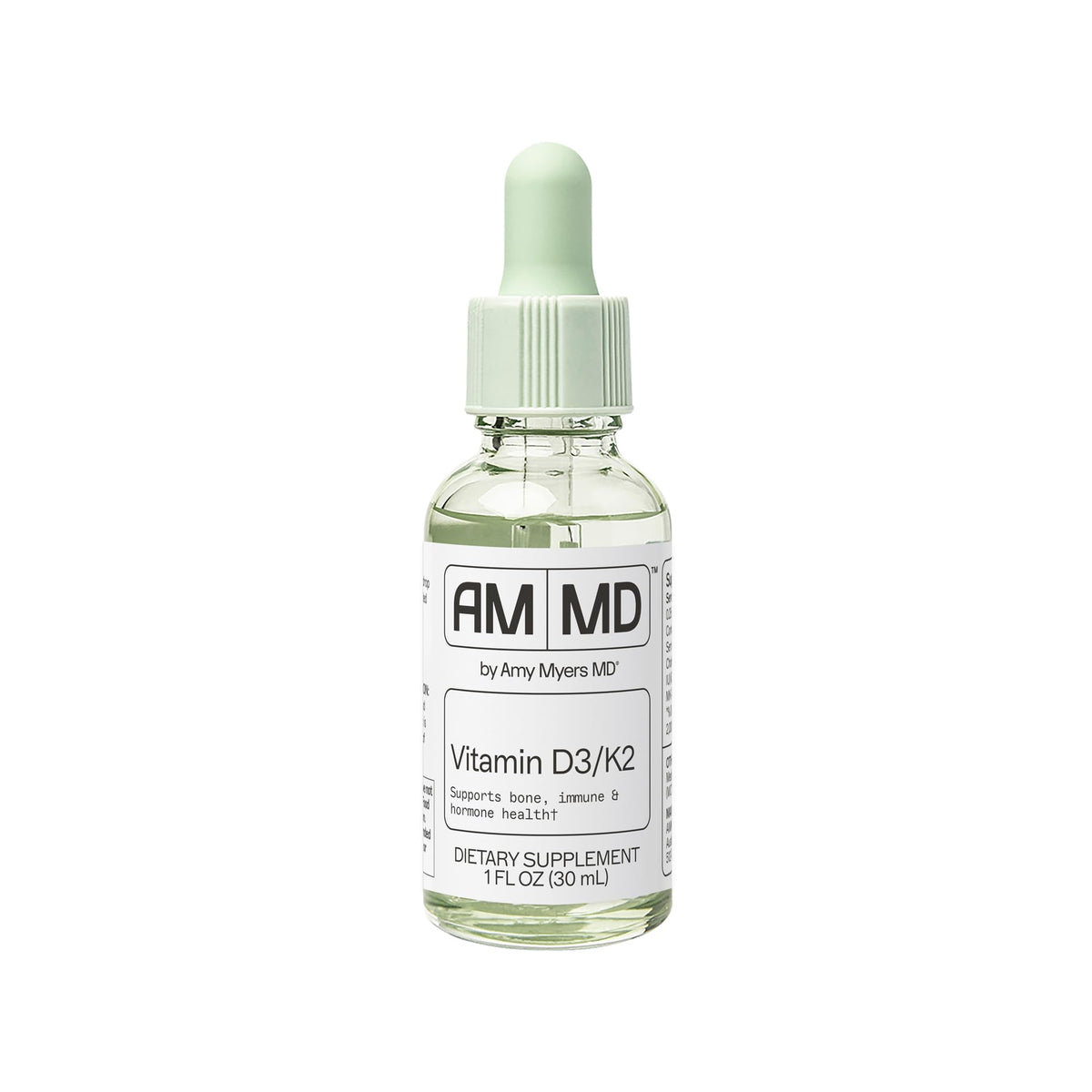 Amy Myers MD Vitamin D3/K2 Liquid bottle pour showing easy daily dosing for bone support