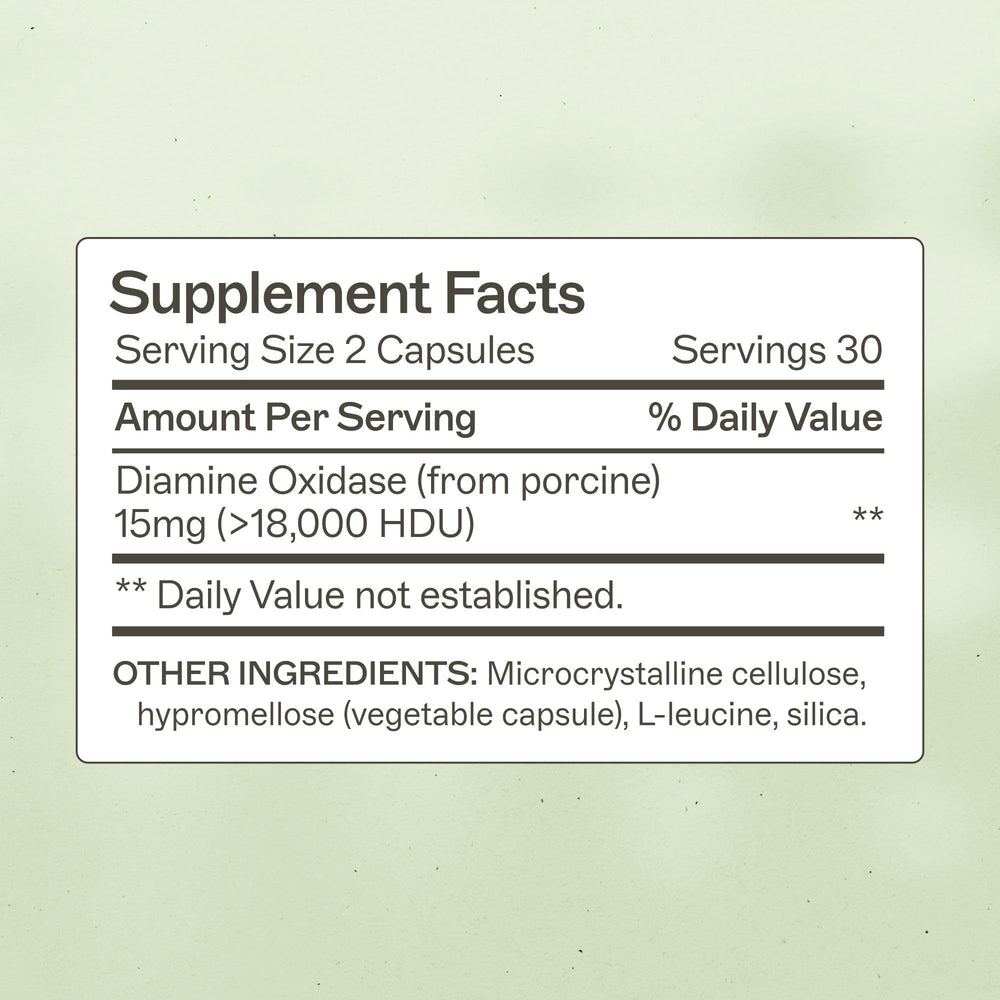 Amy Myers MD Histazyme label close-up showing ingredients and DAO support benefits.