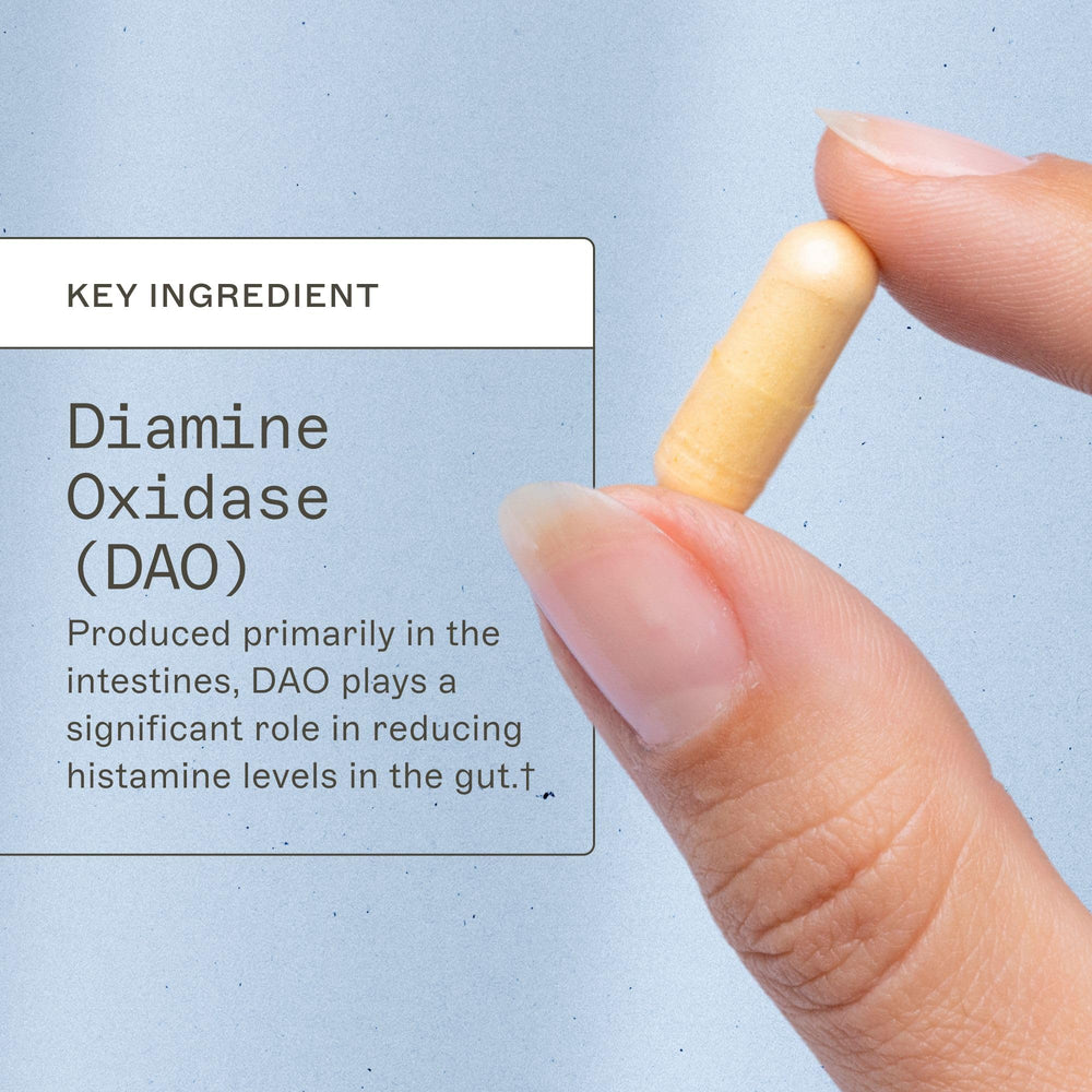 Amy Myers MD Histazyme tablets close-up highlighting DAO enzyme support for histamine breakdown.