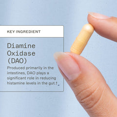 Amy Myers MD Histazyme tablets close-up highlighting DAO enzyme support for histamine breakdown.