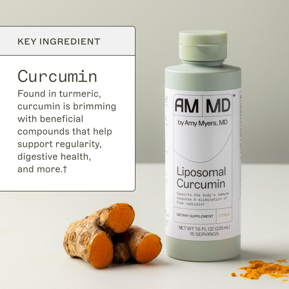 Amy Myers MD Liposomal Curcumin label clean design signals gluten-free and non-dairy ingredients