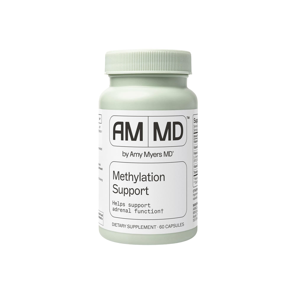 Amy Myers MD Methylation Support bottle front highlights methylated B vitamins for gut and adrenal wellness.