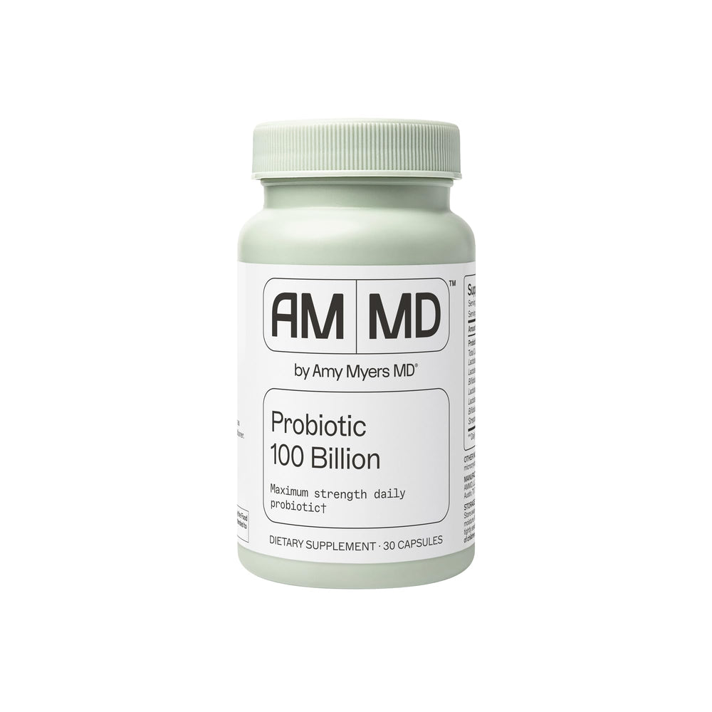 Amy Myers MD Probiotic 100 Billion bottle with dosage label for daily support