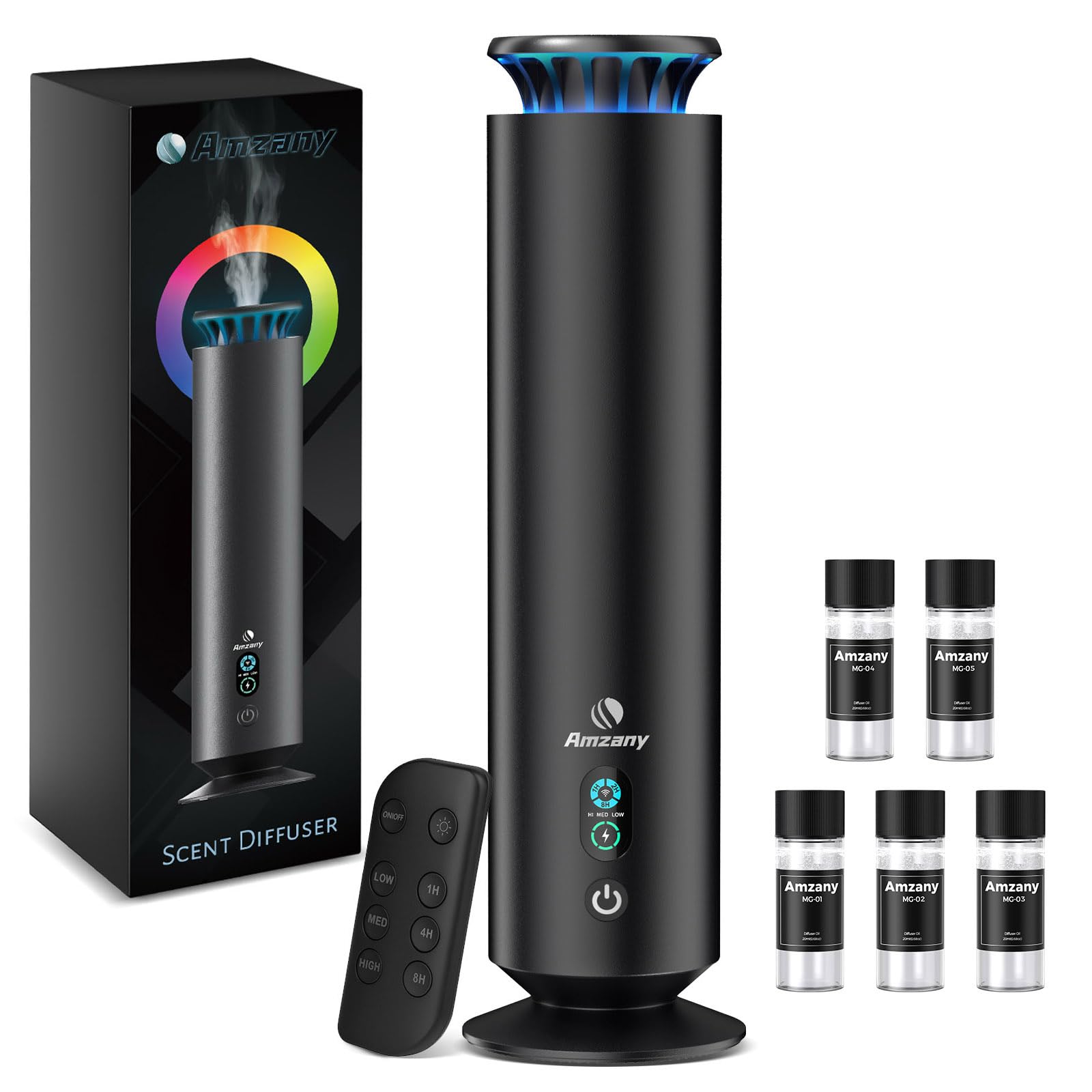 Amzany waterless diffuser kit front view shows a sleek aluminum body for contemporary spaces.