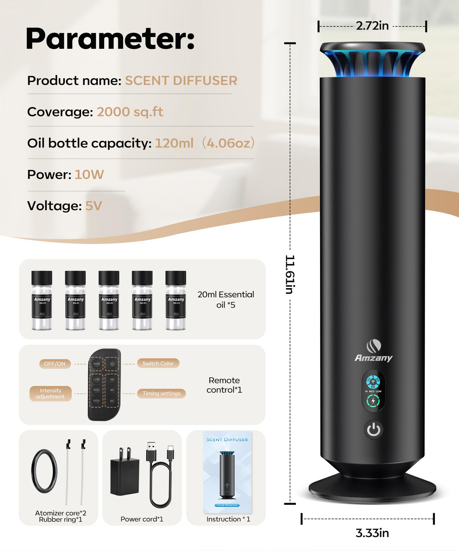 Amzany waterless diffuser kit room setup demonstrates elegant integration in a lobby.