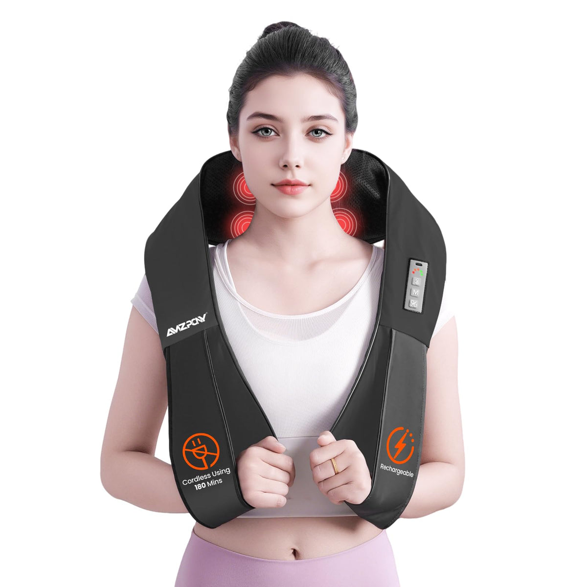 AMZPONY cordless neck massager in foldable design for portable relaxation.