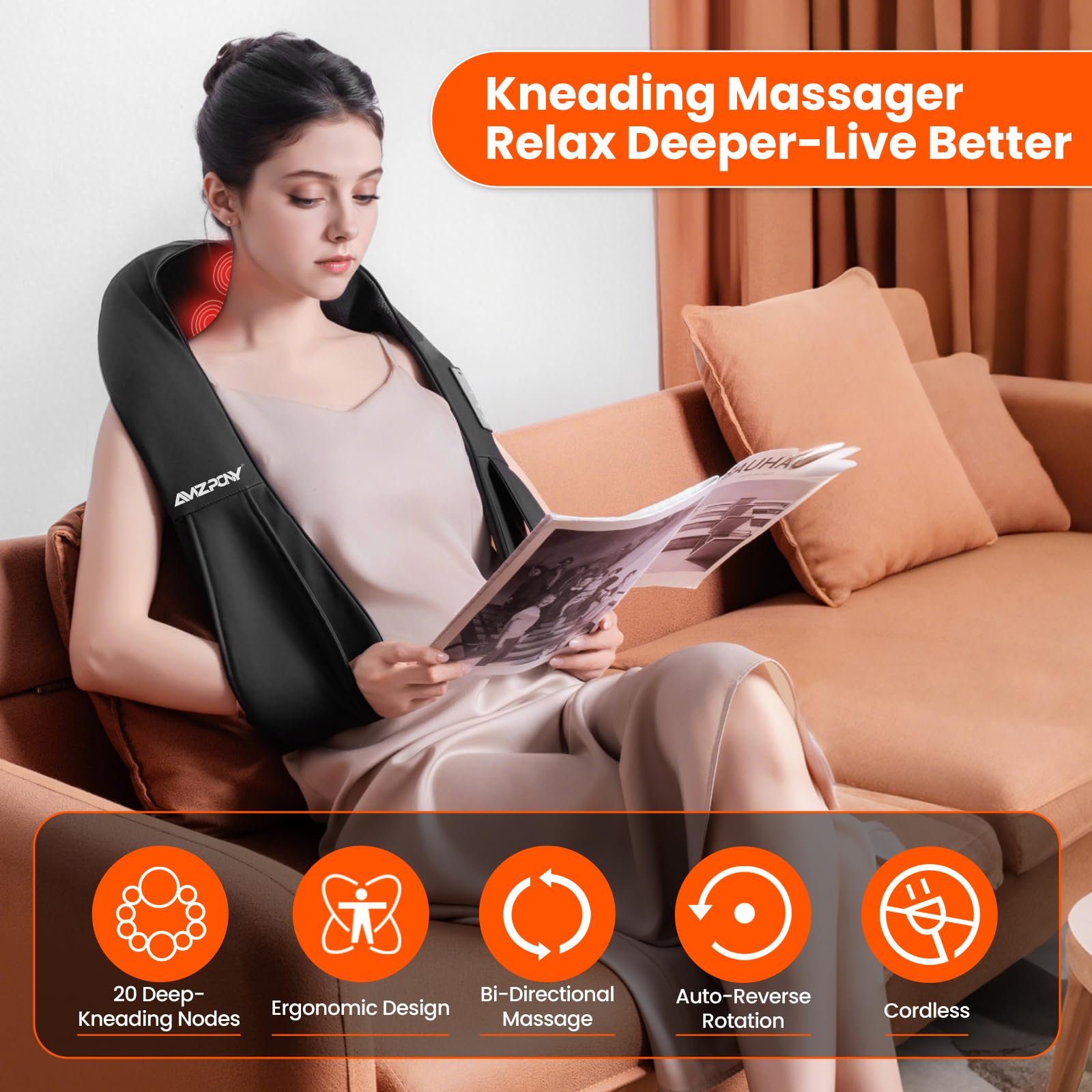 AMZPONY neck massager with heat provides soothing warmth.