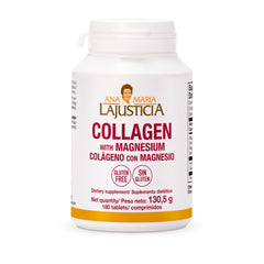 Ana Maria Lajusticia collagen magnesium bottle label, gluten-free and easy-to-use.