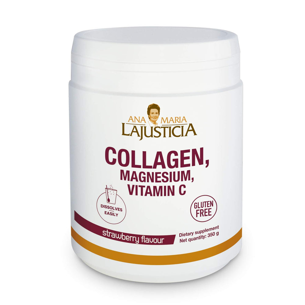 Ana Maria Lajusticia Hydrolisate Collagen Powder bottle pour with strawberry flavor for daily skin and joint support