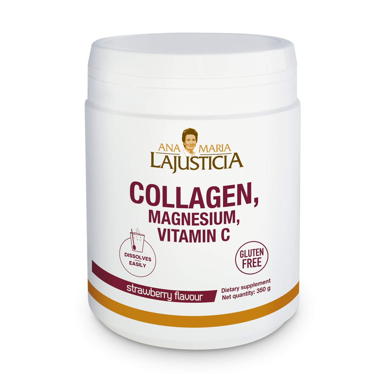 Ana Maria Lajusticia Hydrolisate Collagen Powder bottle pour with strawberry flavor for daily skin and joint support