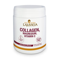 Ana Maria Lajusticia Hydrolisate Collagen Powder bottle pour with strawberry flavor for daily skin and joint support