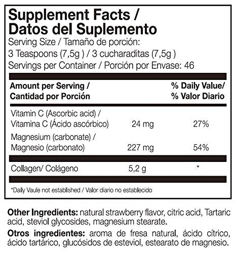 Ana Maria Lajusticia Hydrolisate Collagen Powder canister label highlights magnesium and vitamin C benefits