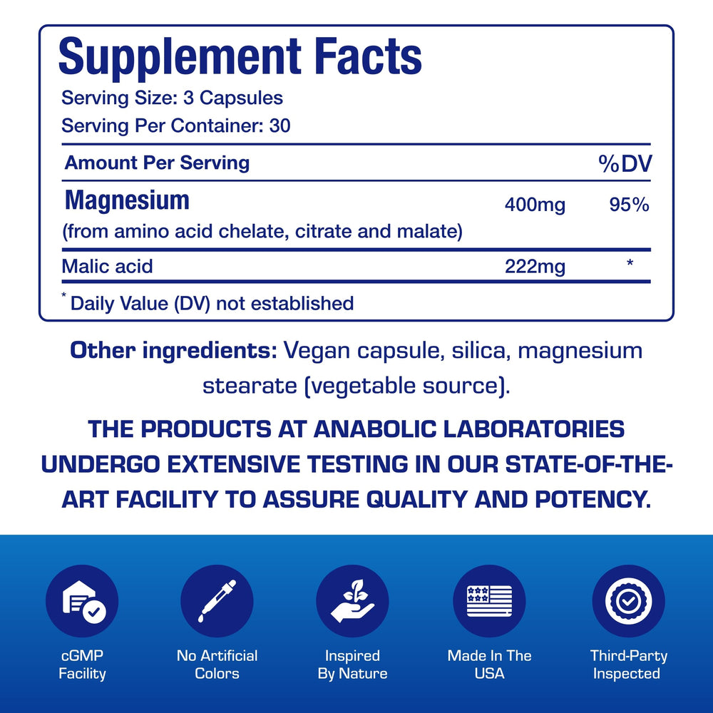 Capsules close-up showing glycinate, malate, citrate for improved absorption.
