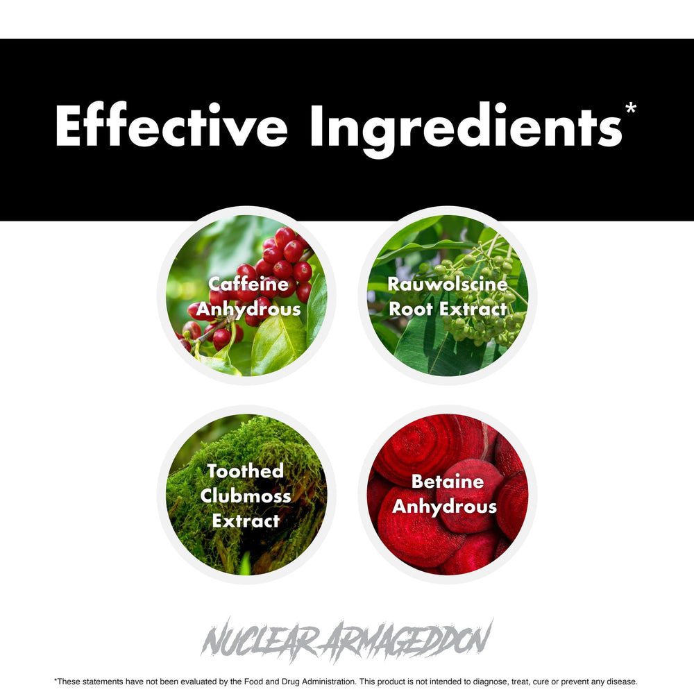 Caffeine badge on Nuclear Armageddon packaging signals focus boost
