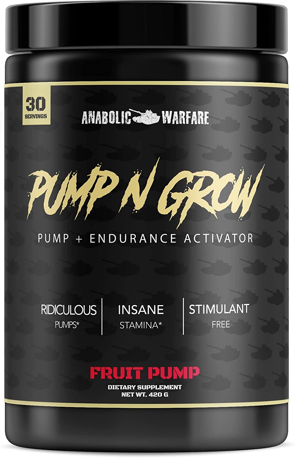 Anabolic Warfare Pump-N-Grow bottle front showing caffeine free formula for steady workouts