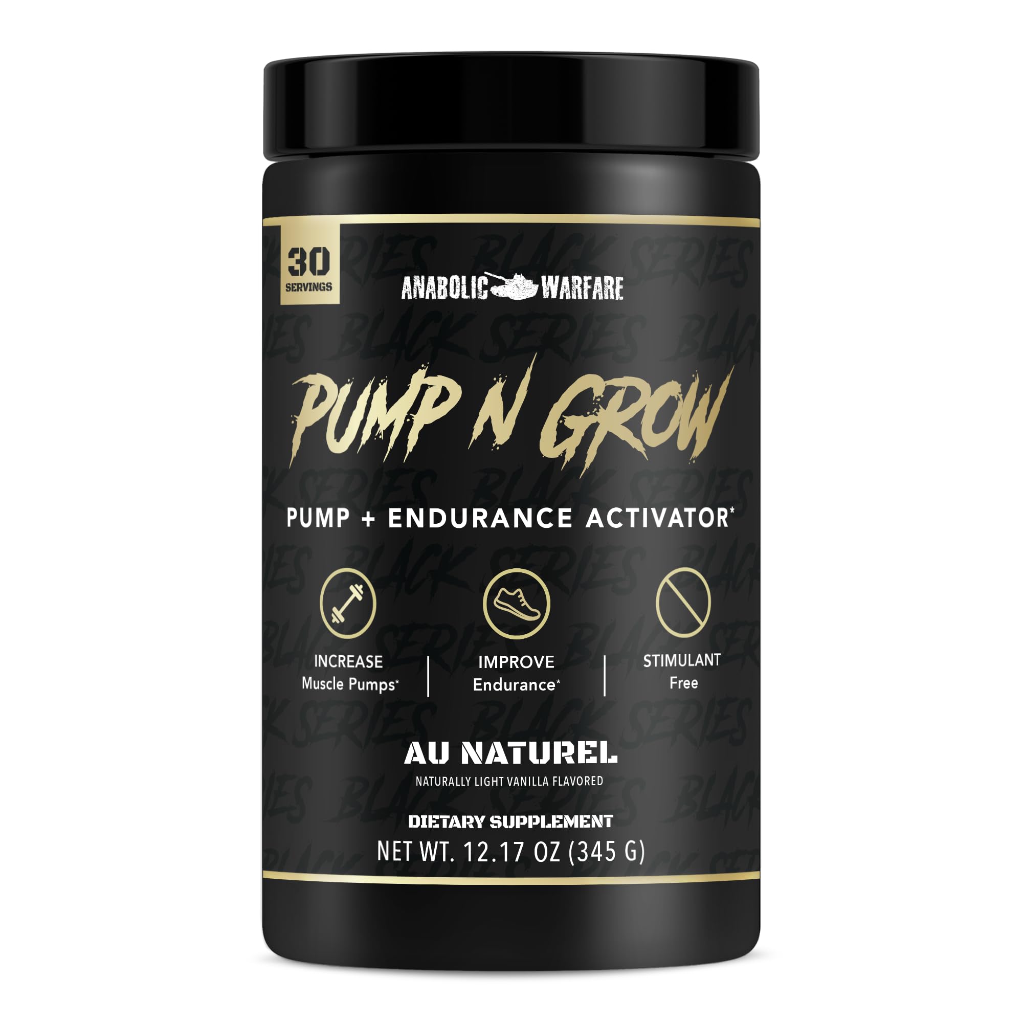 Anabolic Warfare Pump-N-Grow bottle front view, caffeine-free pre-workout for stronger muscle pumps