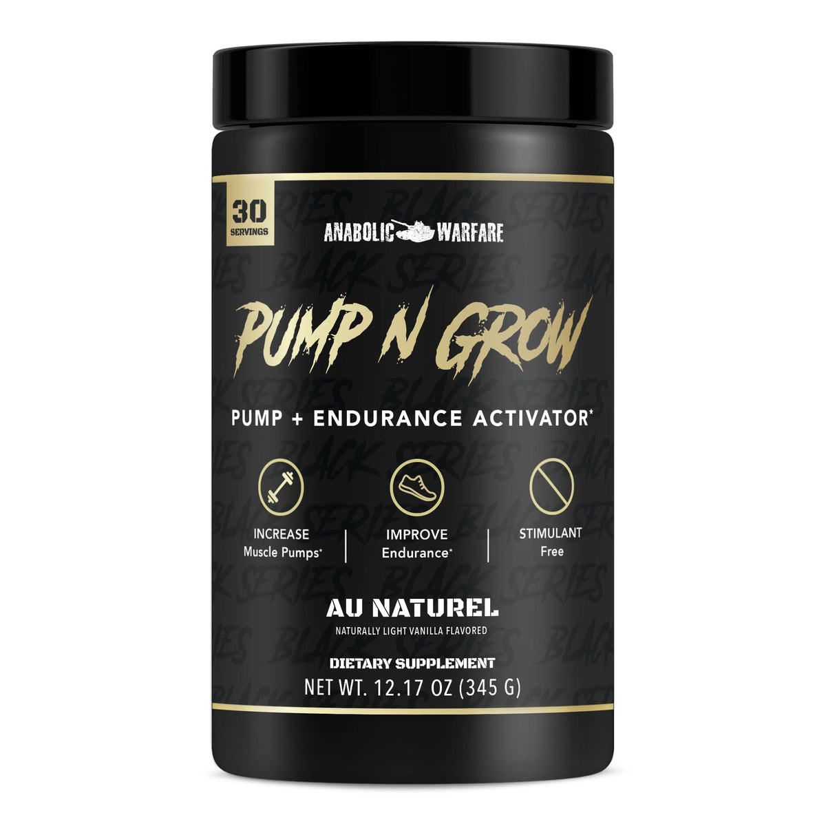 Anabolic Warfare Pump-N-Grow bottle front view, caffeine-free pre-workout for stronger muscle pumps