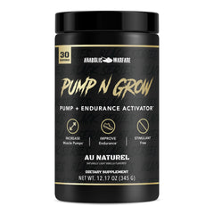 Anabolic Warfare Pump-N-Grow bottle front view, caffeine-free pre-workout for stronger muscle pumps