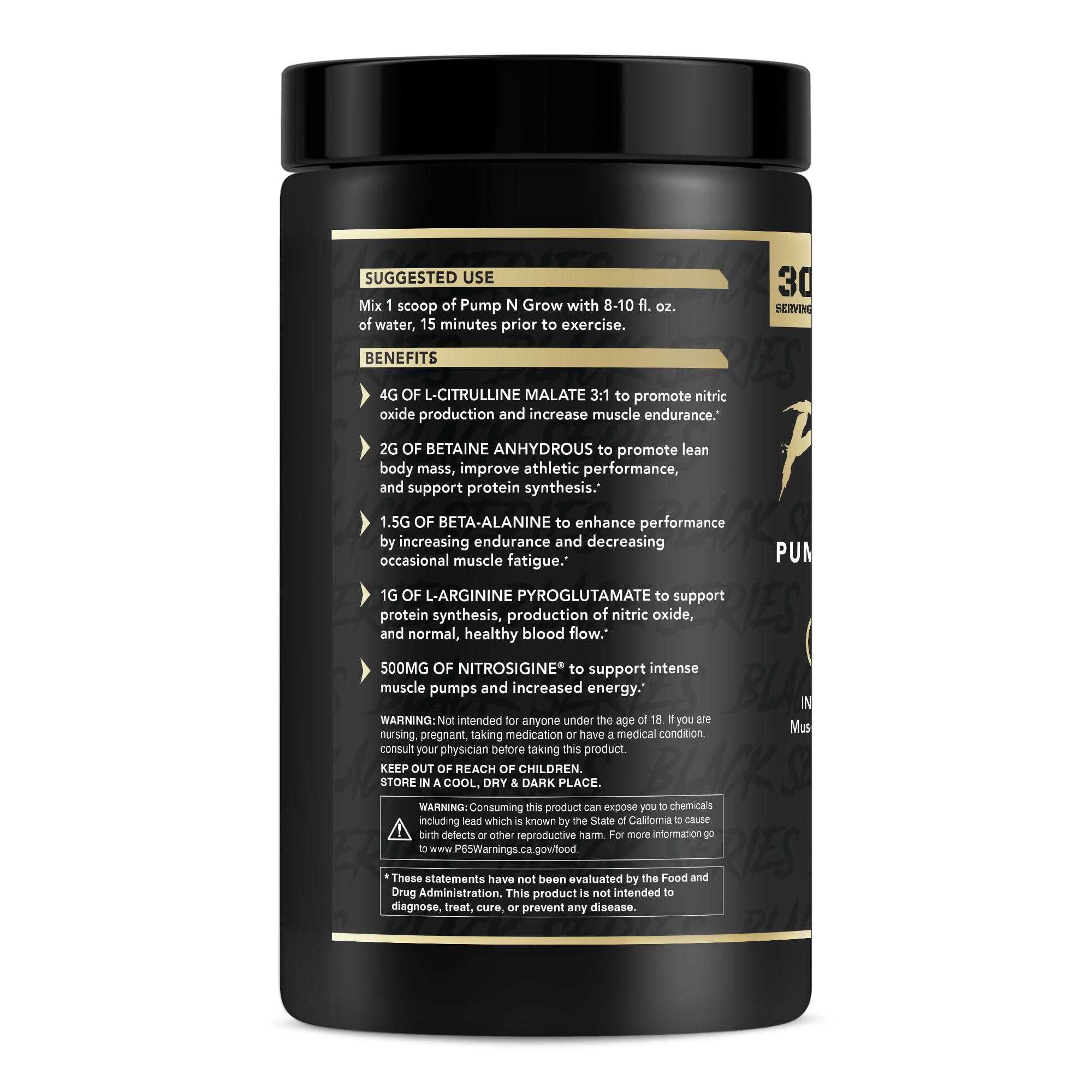 Pump-N-Grow label closeup emphasizing stimulant-free formula for training