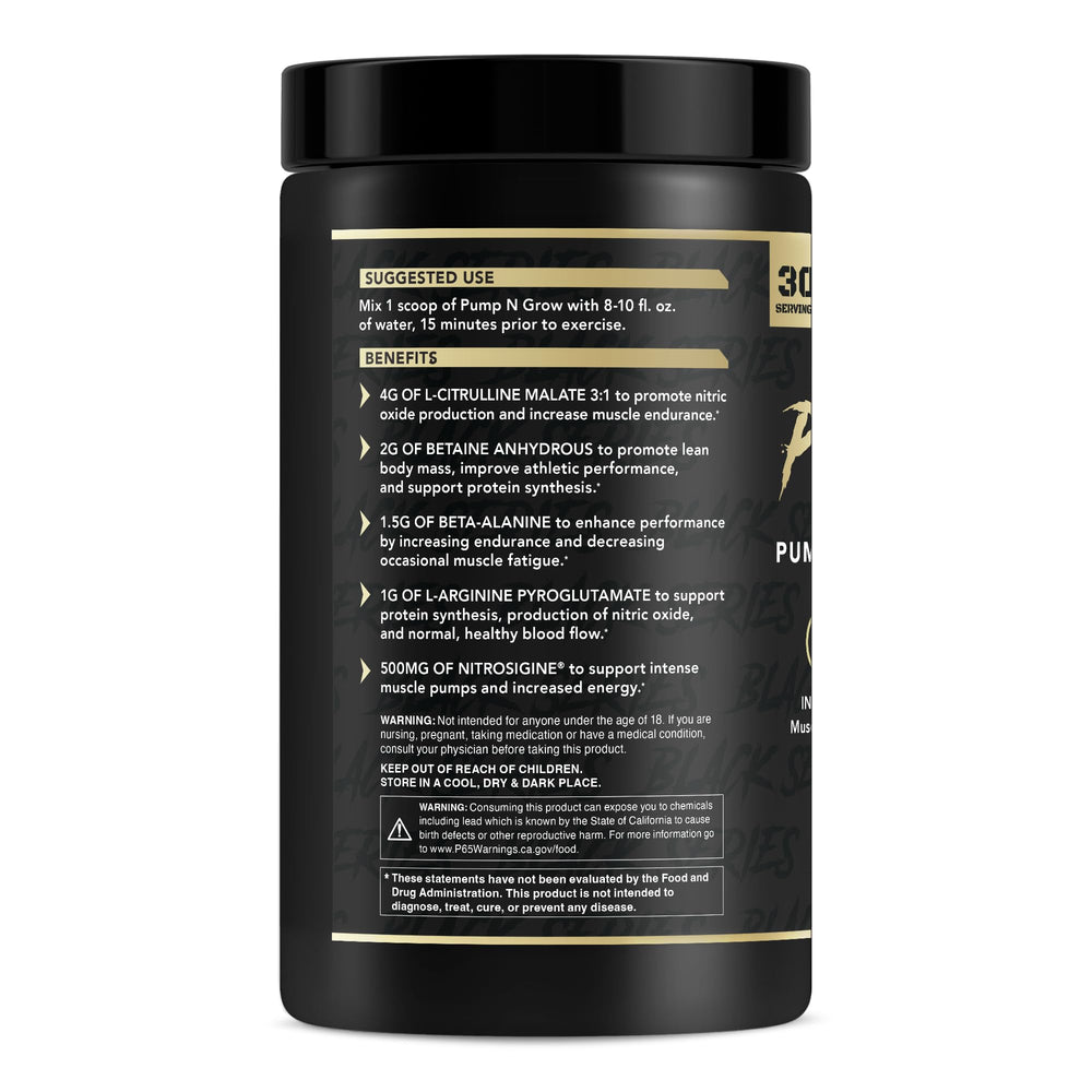 Pump-N-Grow label closeup emphasizing stimulant-free formula for training