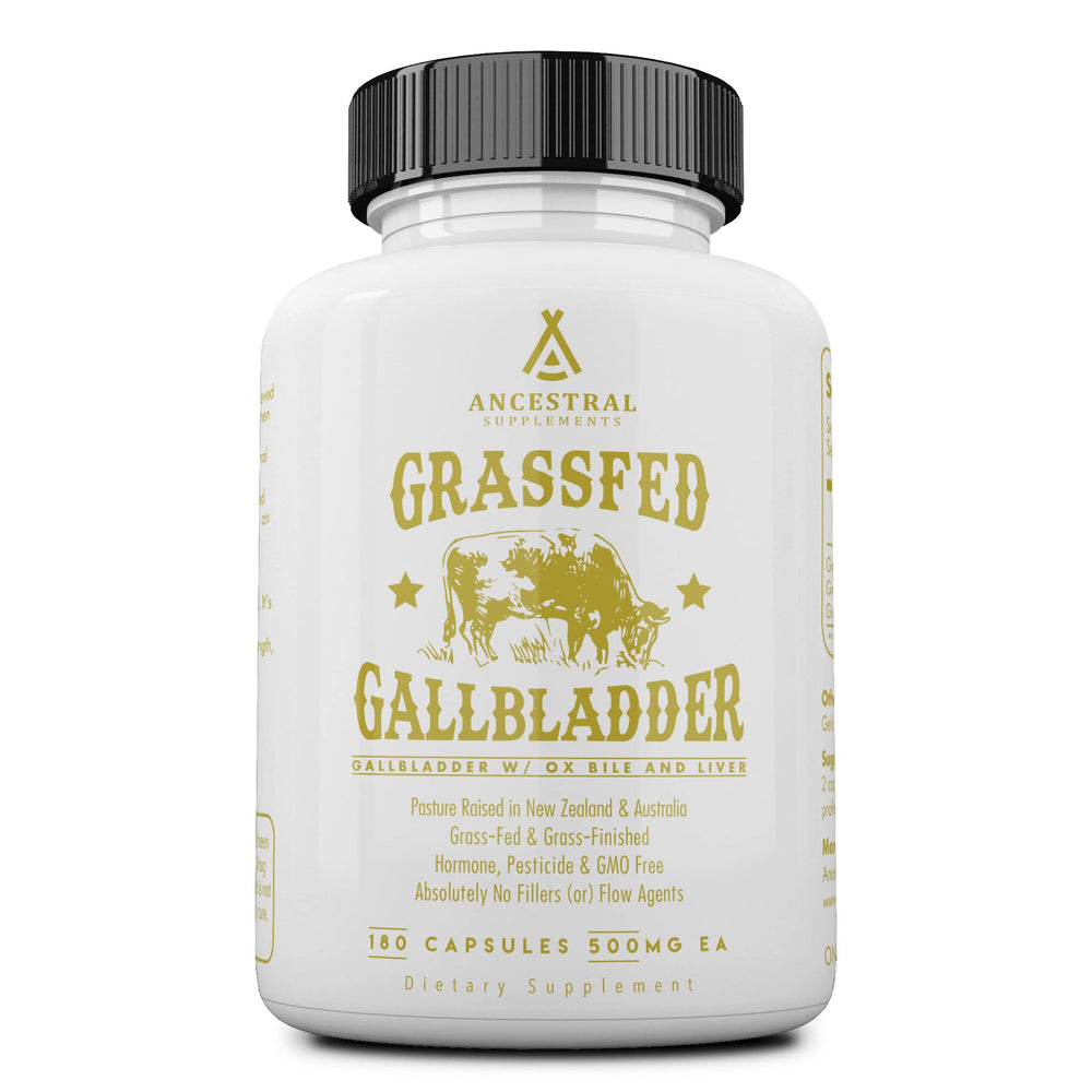 Ancestral Supplements grass-fed beef gallbladder capsules in bottle for daily digestive support