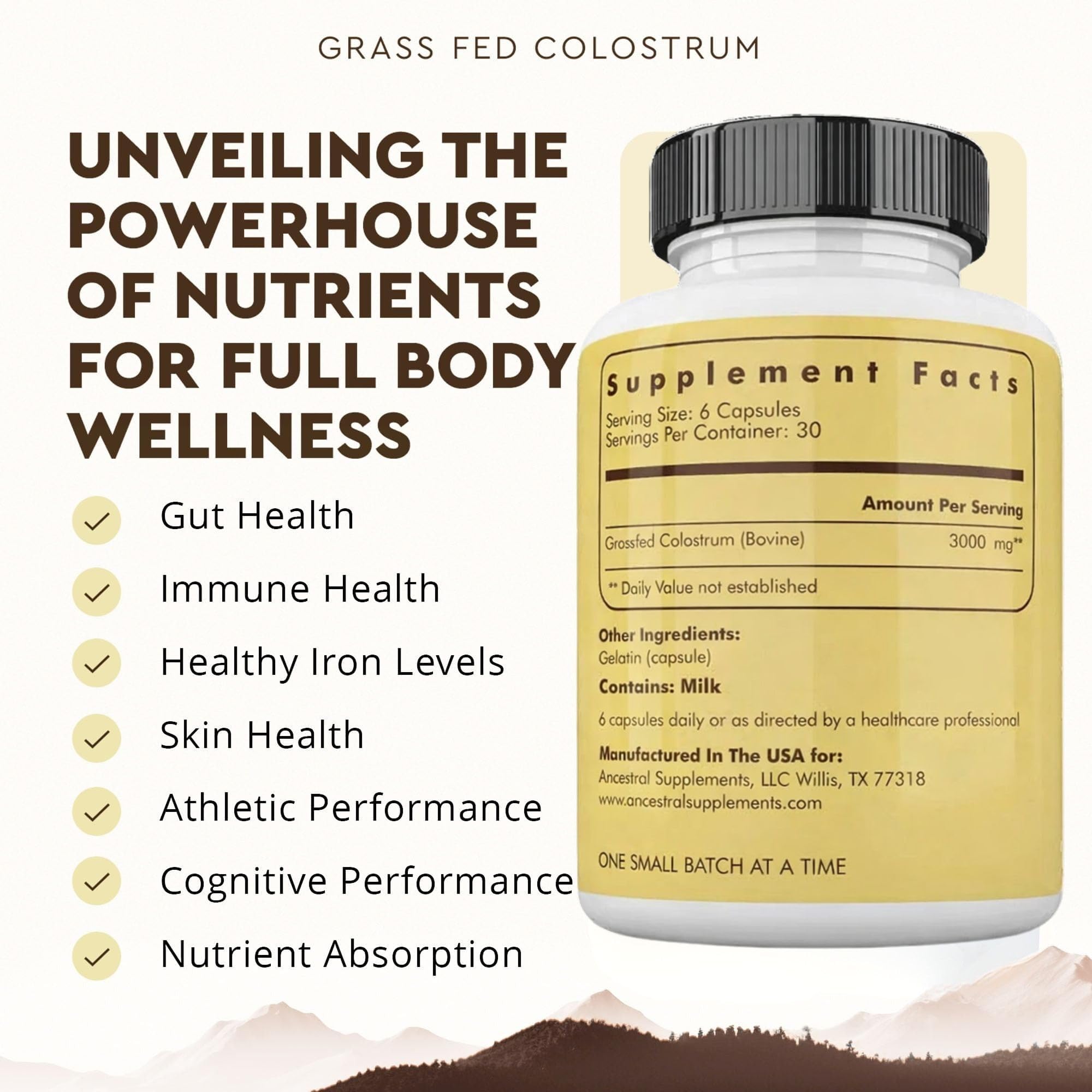 Ancestral Supplements 3000 mg label on bottle showing potency for vitality