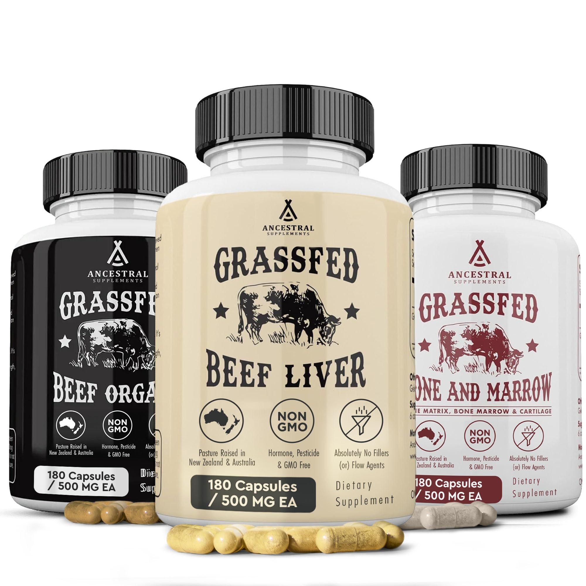 Ancestral Supplements Beef Organs Starter Pack bottle showing convenient daily capsules for wellness support