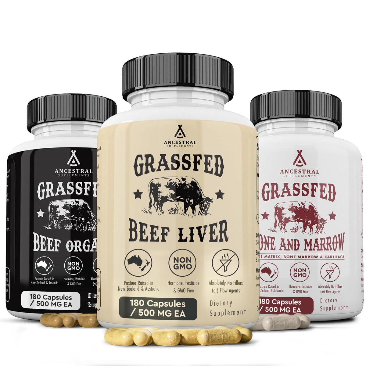 Ancestral Supplements Beef Organs Starter Pack bottle showing convenient daily capsules for wellness support