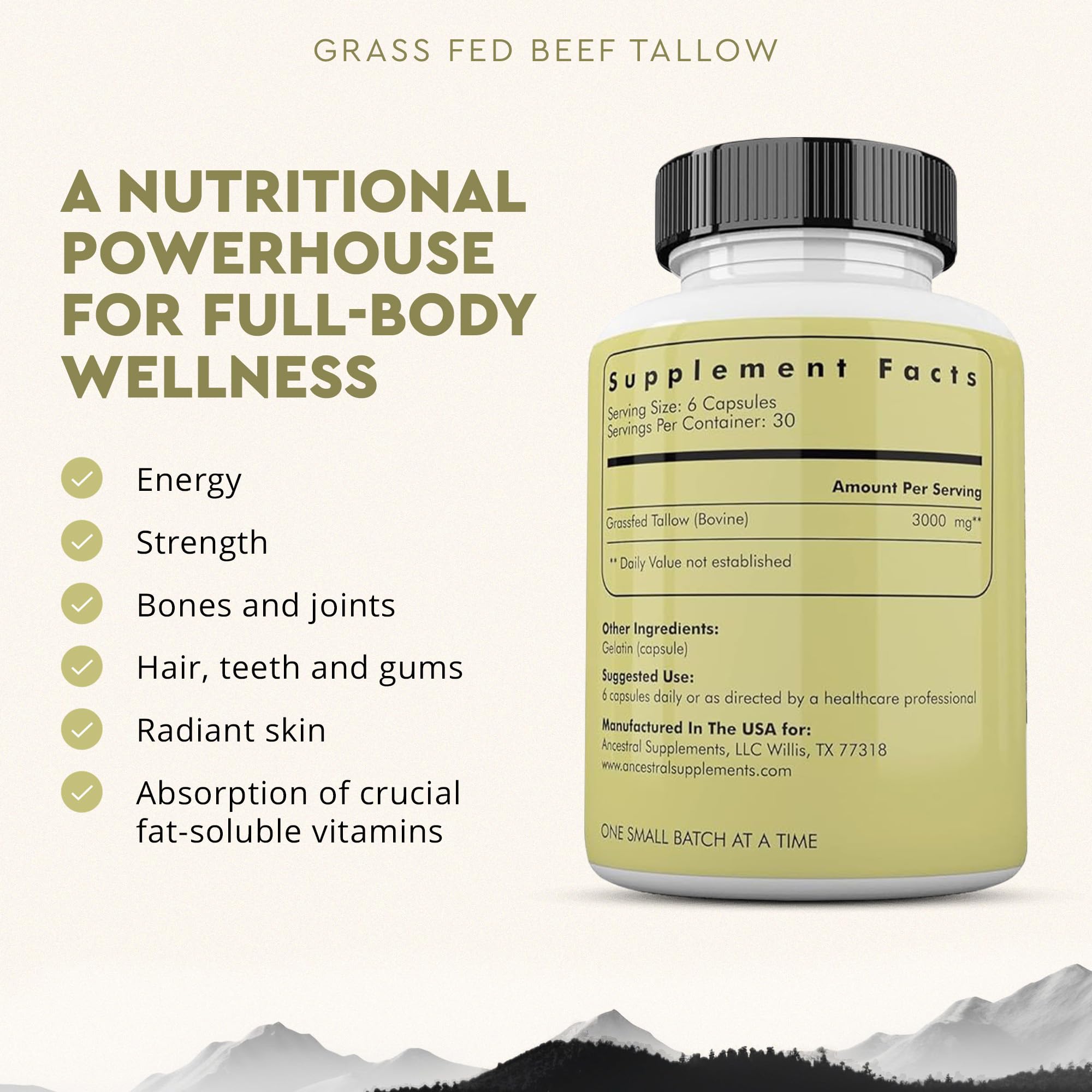 Close-up of Ancestral Supplements beef tallow capsules highlighting fat-based nutrition.