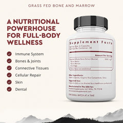 Ancestral Supplements bottle label closeup highlighting grass-fed bone marrow ingredients and purity.