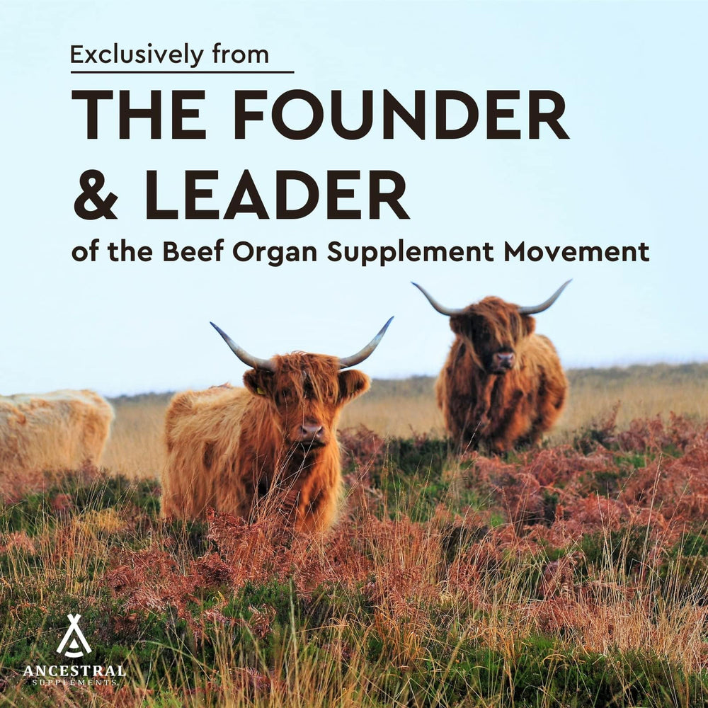 Ancestral Supplements grass-fed beef heart bottle on counter signals non-GMO wellness.