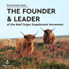 Ancestral Supplements grass-fed beef heart bottle on counter signals non-GMO wellness.