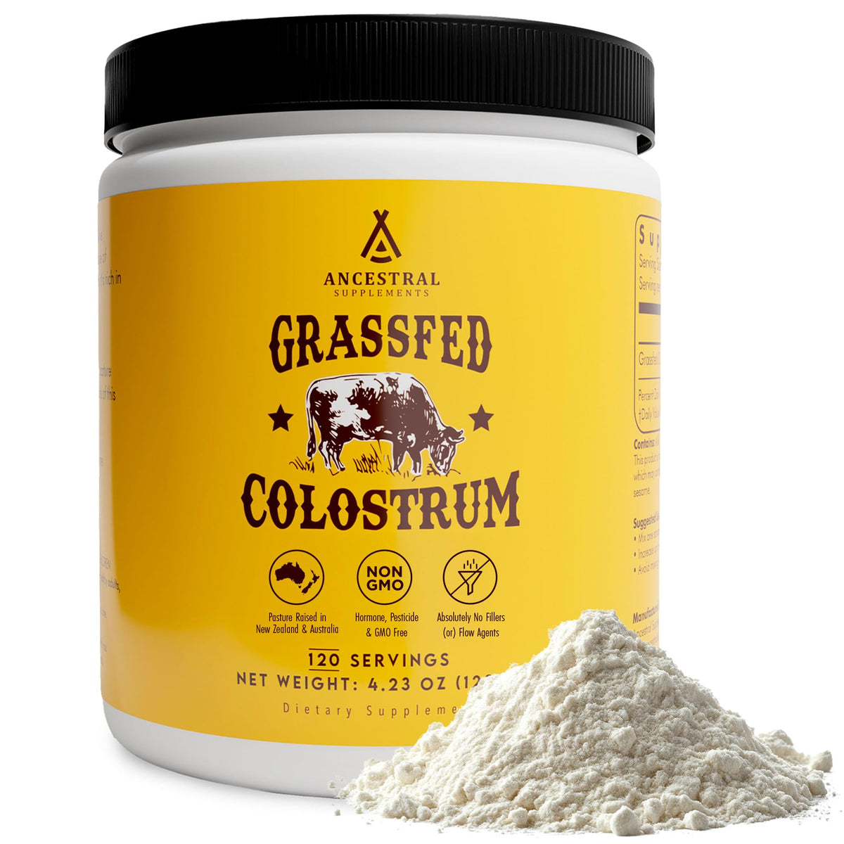 Ancestral Supplements Bovine Colostrum Powder bottle for daily gut and immune support.