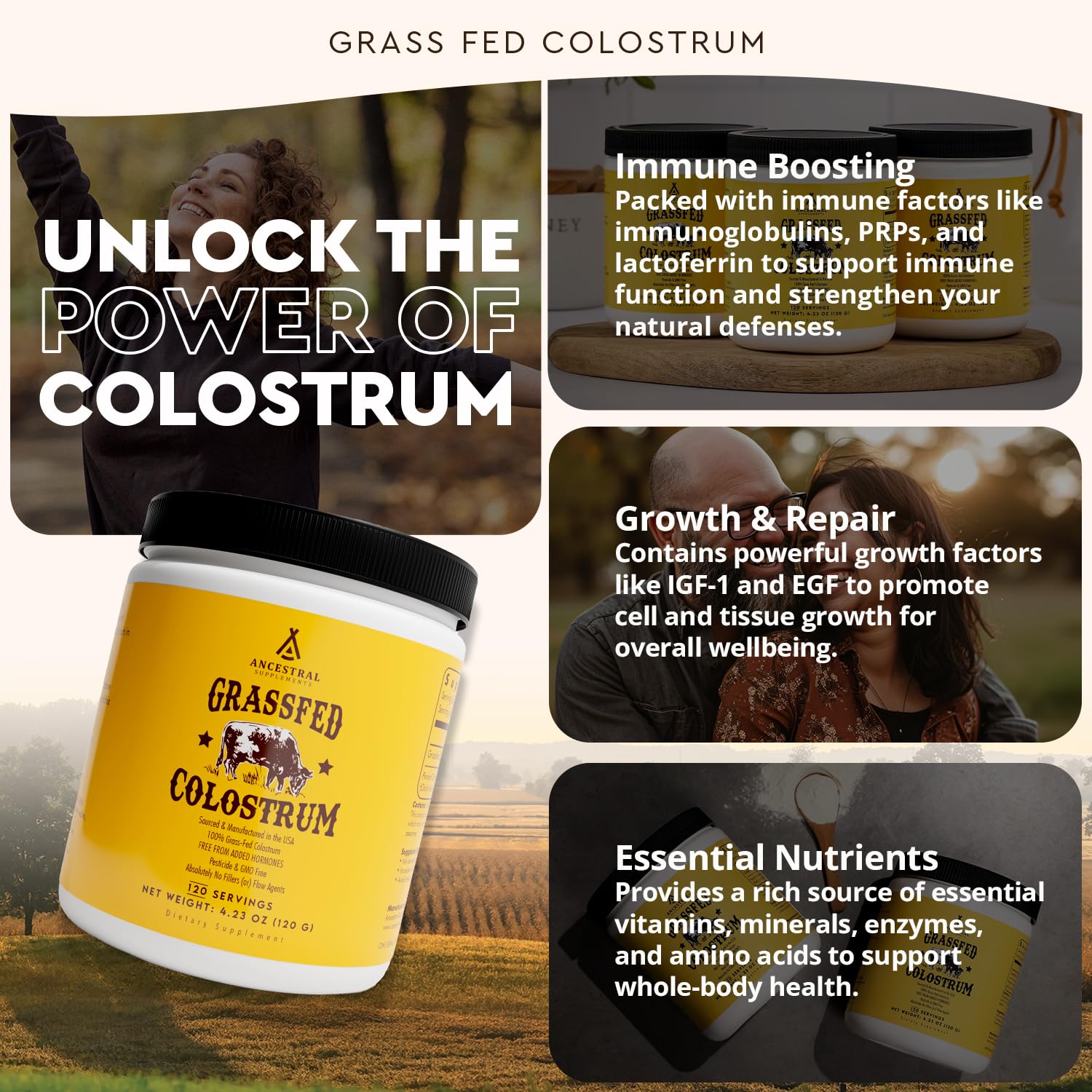 Ancestral Supplements Bovine Colostrum Powder closeup highlighting nutrition details.