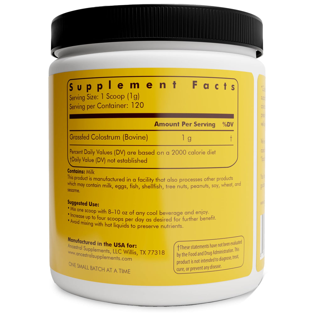 Ancestral Supplements Bovine Colostrum Powder label showing purity and pasture sourcing.
