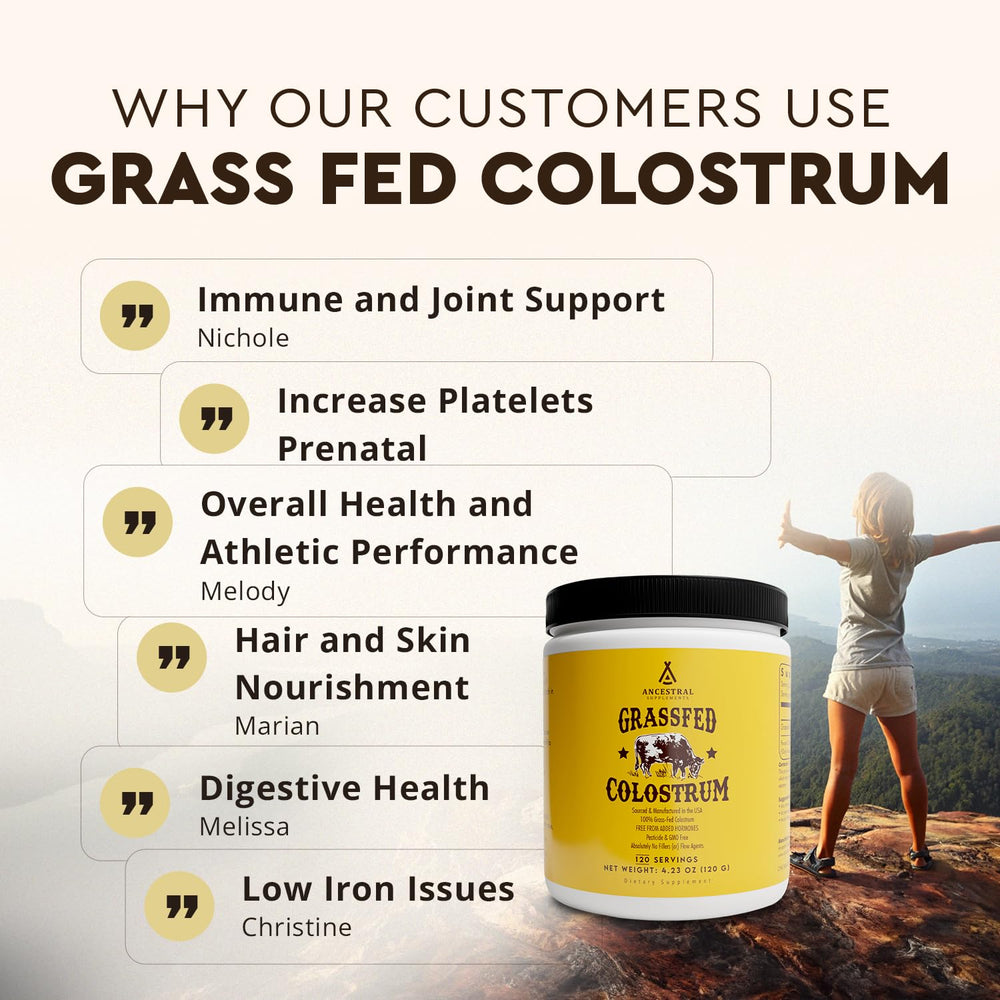 Ancestral Supplements Bovine Colostrum Powder mixed into a cold beverage for daily wellness.