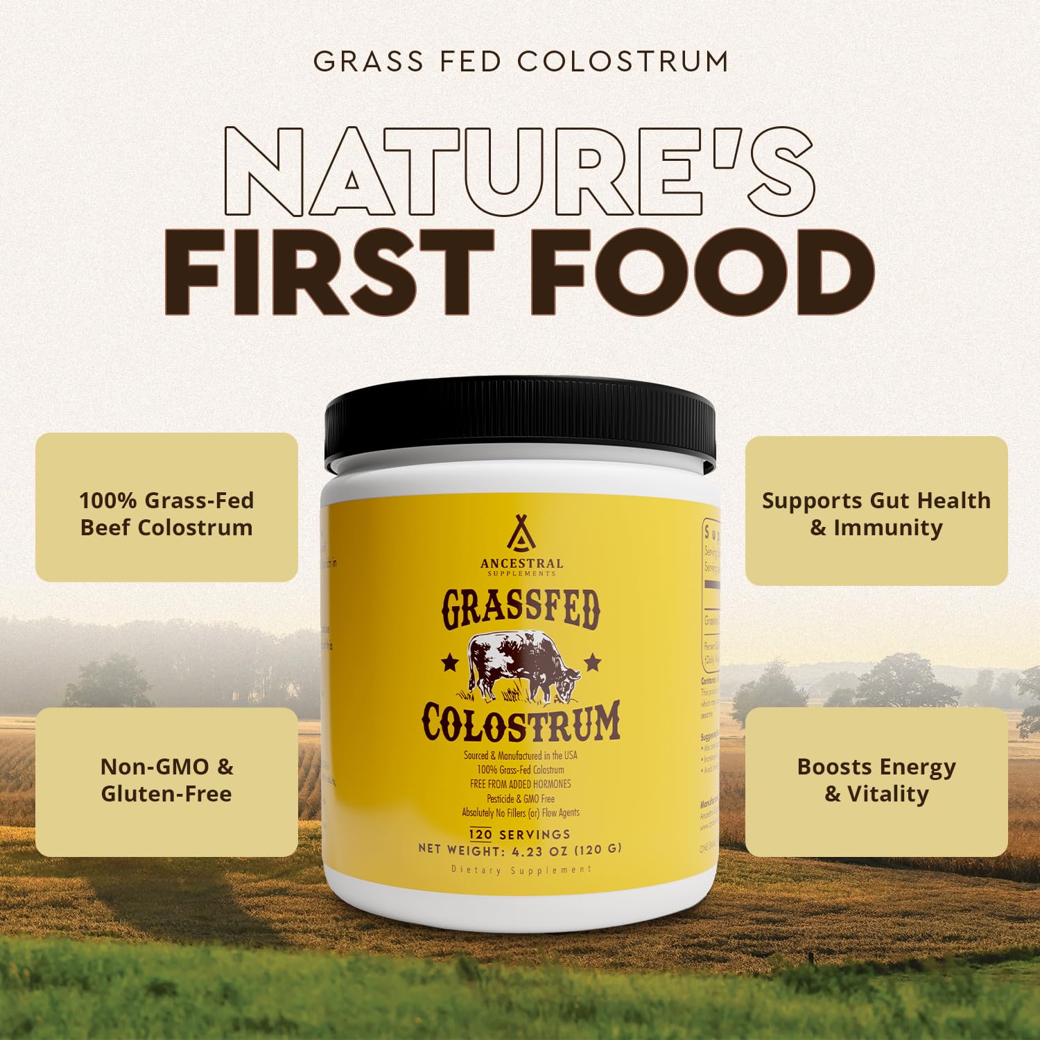 Ancestral Supplements Bovine Colostrum Powder scoop for easy daily dosing.