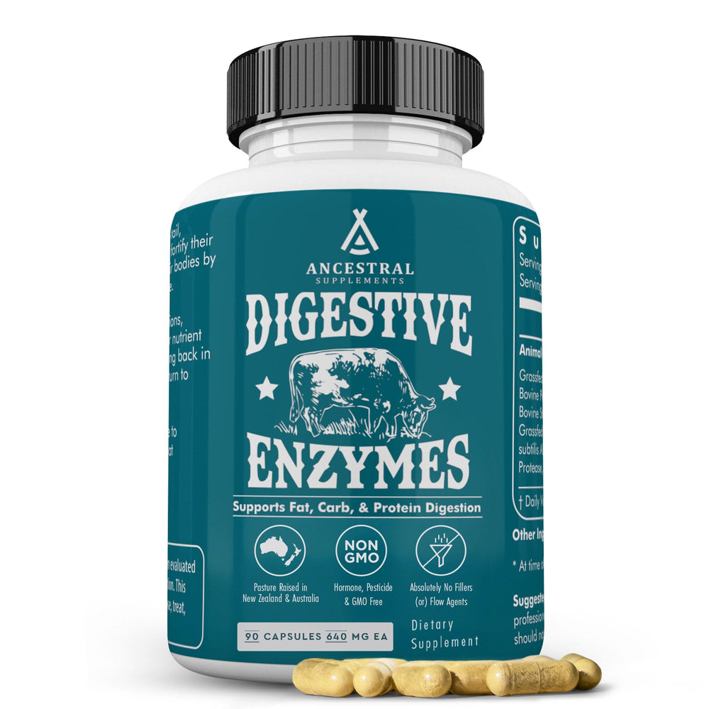 Ancestral Supplements digestive enzymes bottle label for gut support.