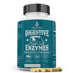 Ancestral Supplements digestive enzymes bottle label for gut support.