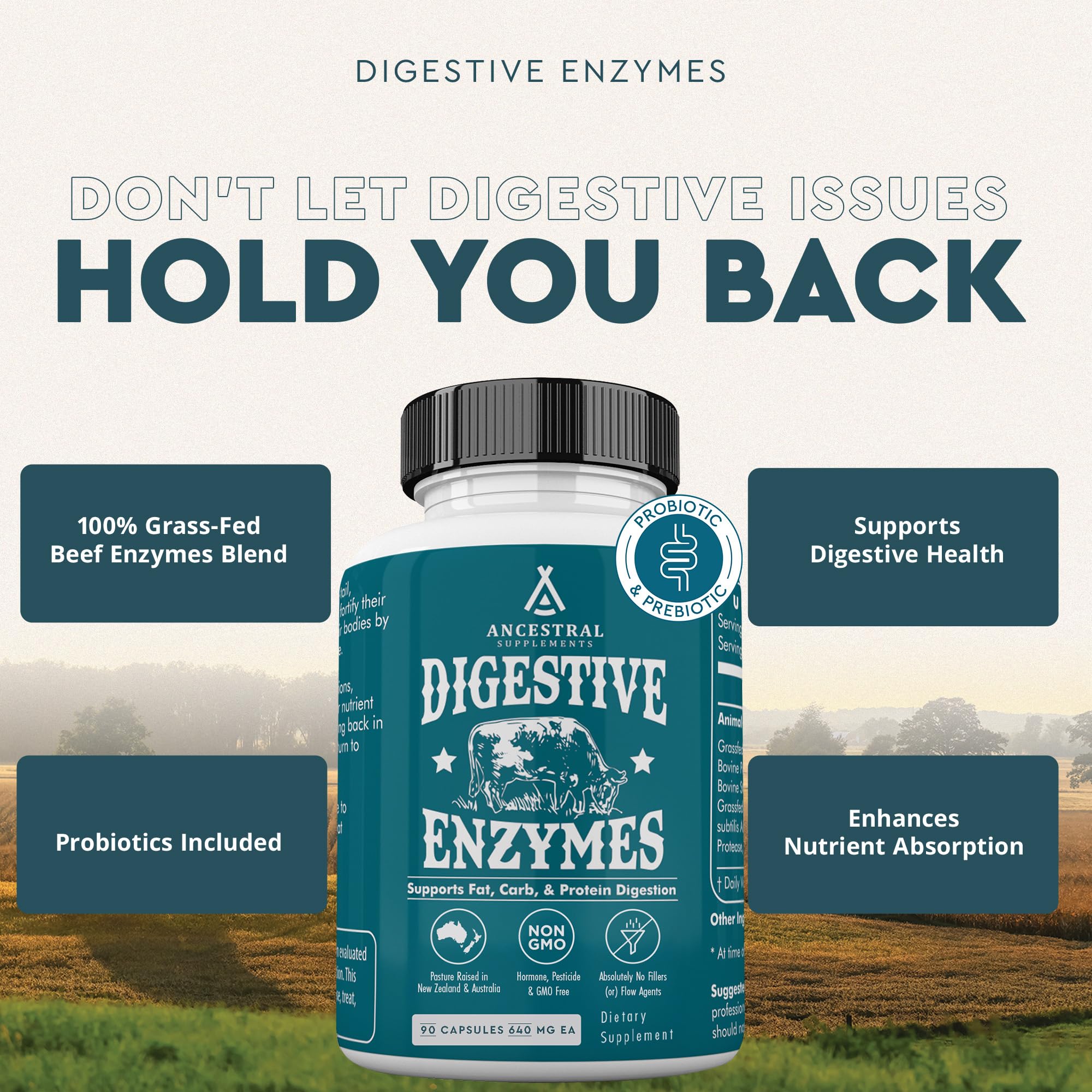 Ancestral Supplements digestive enzymes capsules closeup for easier digestion.