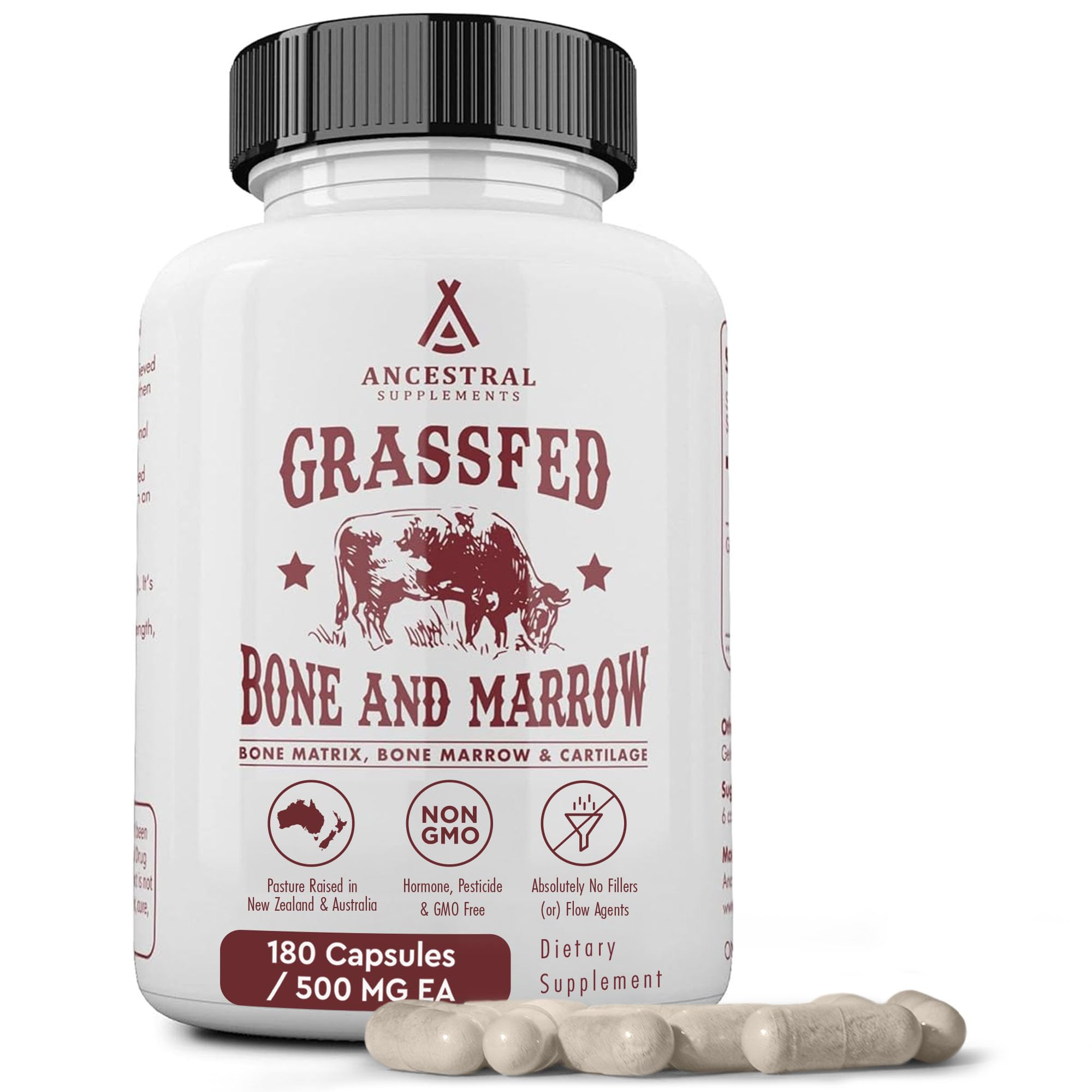 Ancestral Supplements grass-fed beef bone marrow capsules for whole-body nutrition.