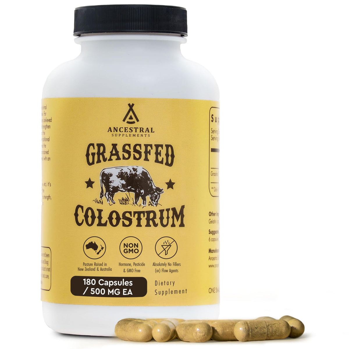 Ancestral Supplements grass-fed beef colostrum bottle on a wooden surface for daily immune and gut wellness
