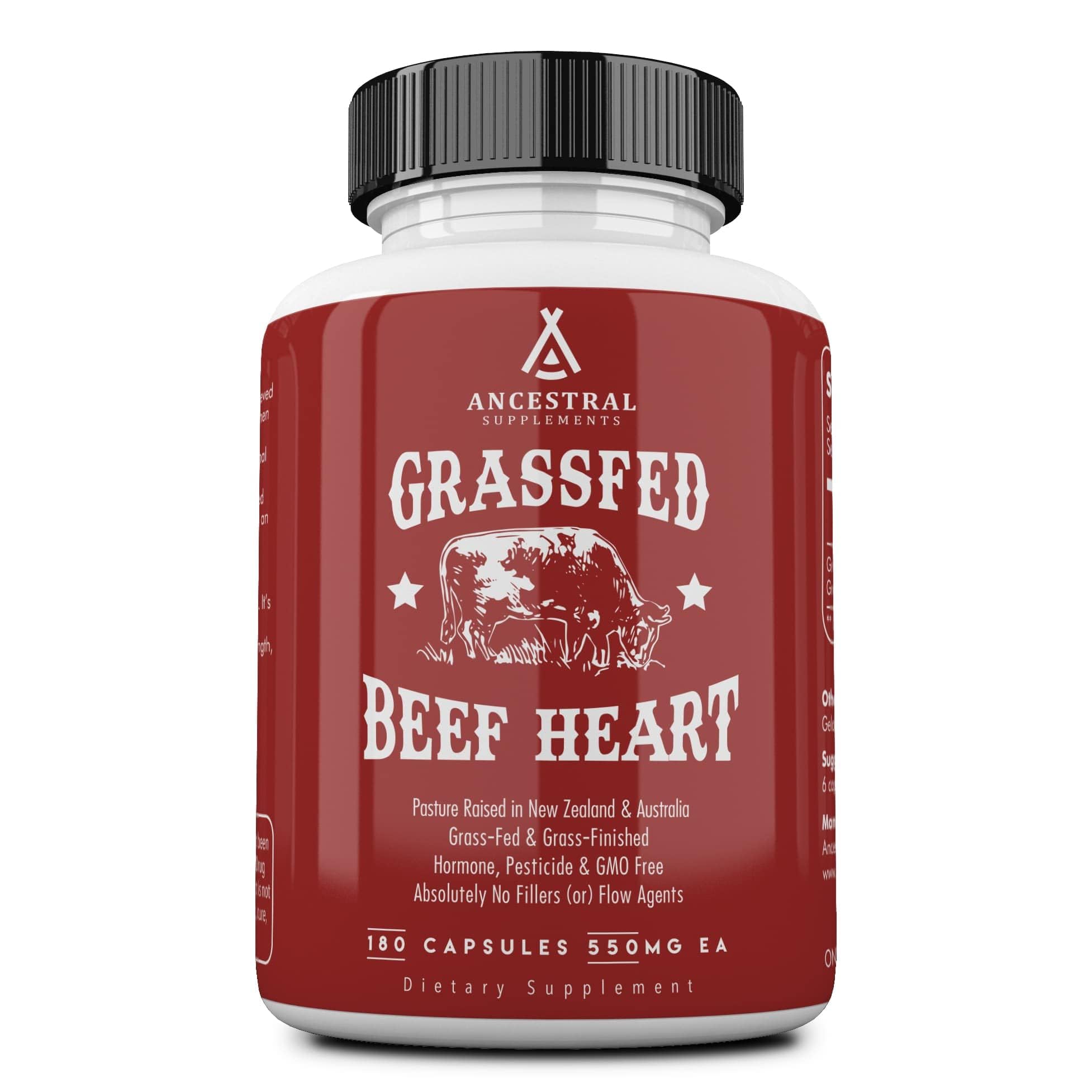Ancestral Supplements grass-fed beef heart capsules on counter, highlighting heart-focused nutrition.