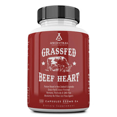 Ancestral Supplements grass-fed beef heart capsules on counter, highlighting heart-focused nutrition.