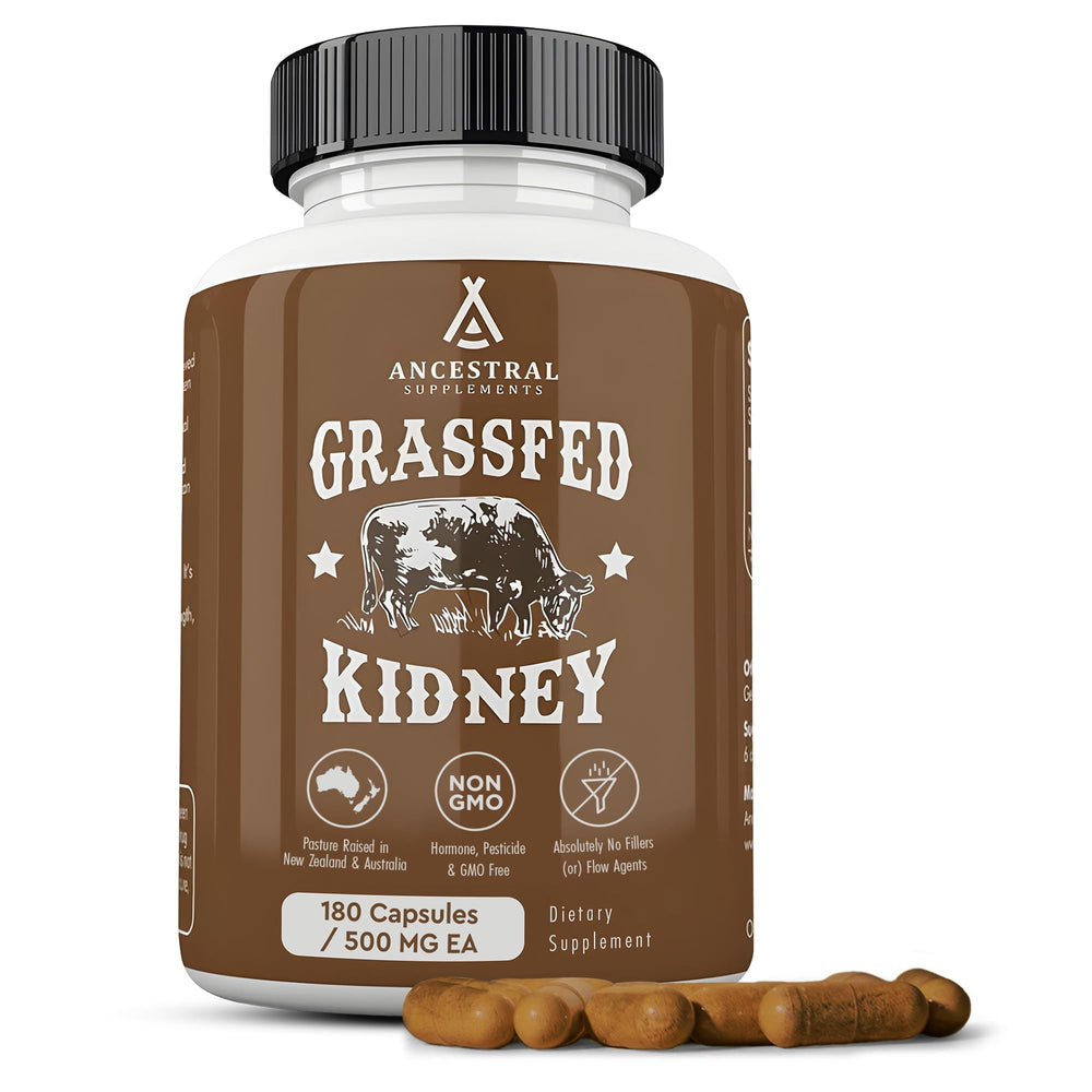 Ancestral Supplements grass-fed beef kidney capsules on bottle, supporting urinary wellness