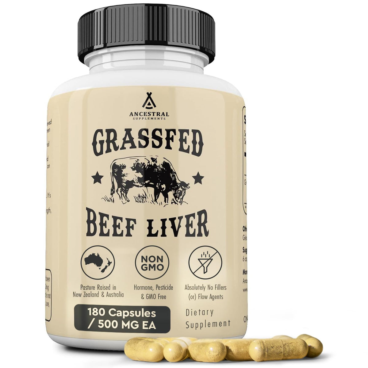Ancestral Supplements Grass Fed Beef Liver bottle for daily energy support