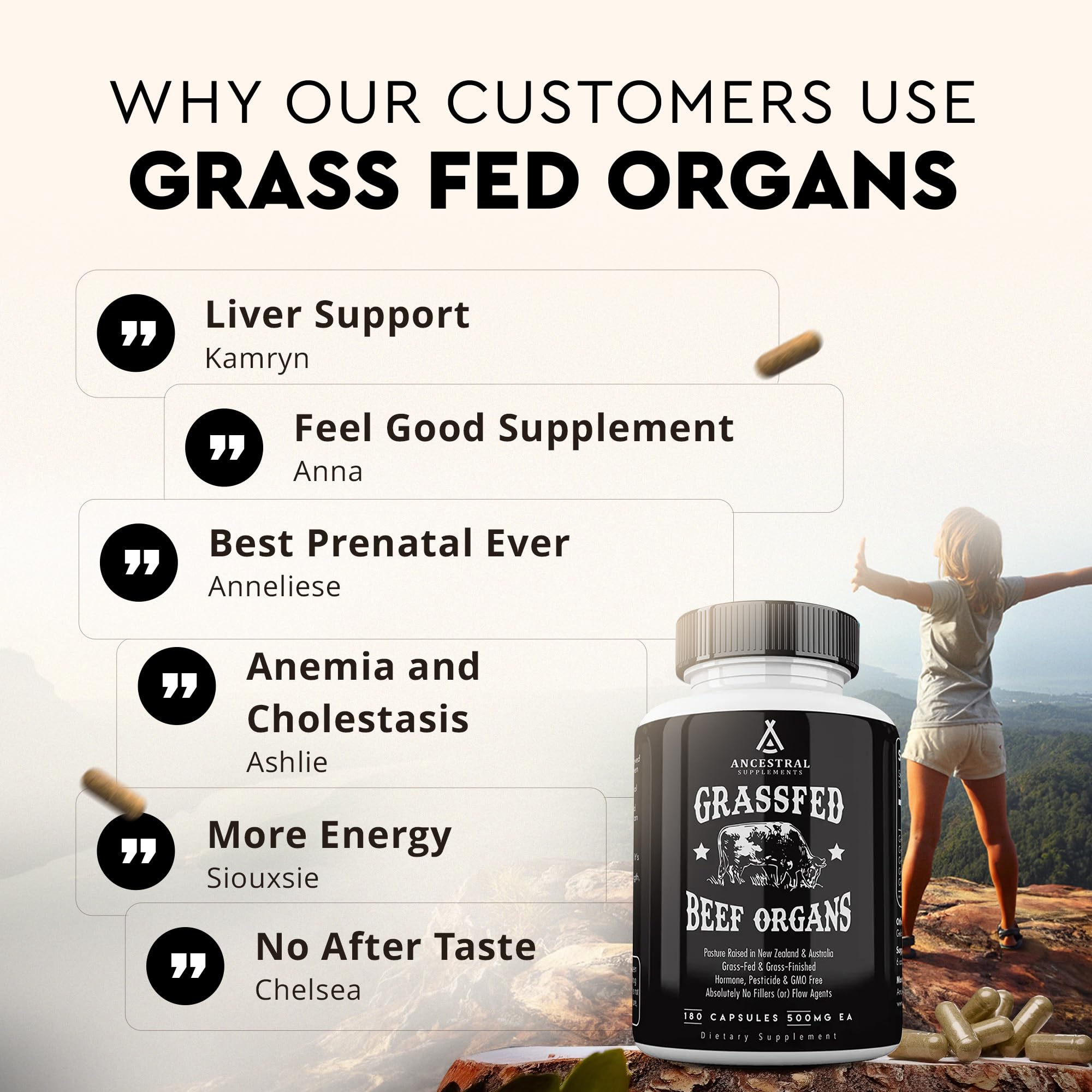Ancestral Supplements grass-fed beef organ bottle representing comprehensive organ nutrition
