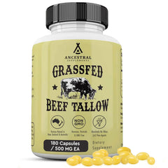 Ancestral Supplements beef tallow capsules bottle on a counter for daily vitality.
